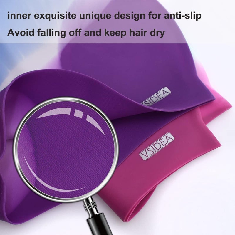 vsidea Silicone Swim Caps, 2 Pack Durable Comfortable Adult Swimming Cap Elastomeric for Women Man Short Hair Long Hair - Image 4